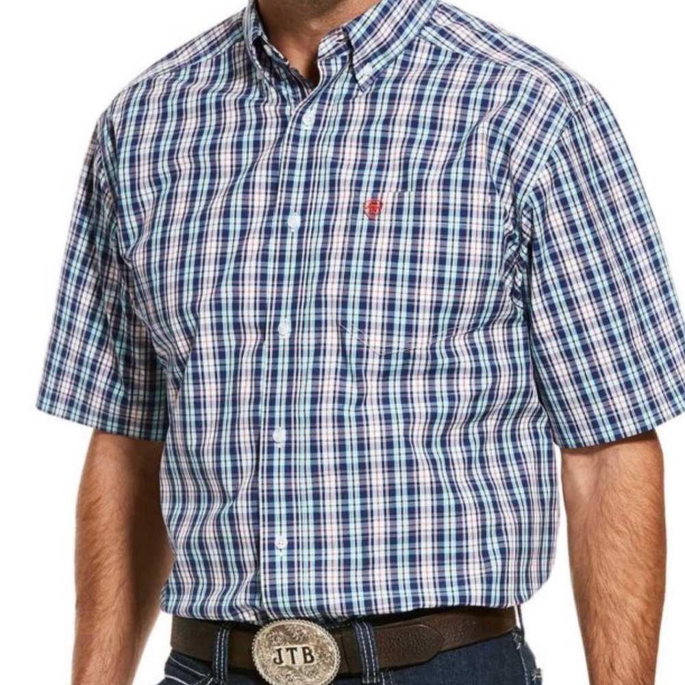 Ariat Pro Series Romy Shirt Short Sleeve Blue Plaid Men’s Large